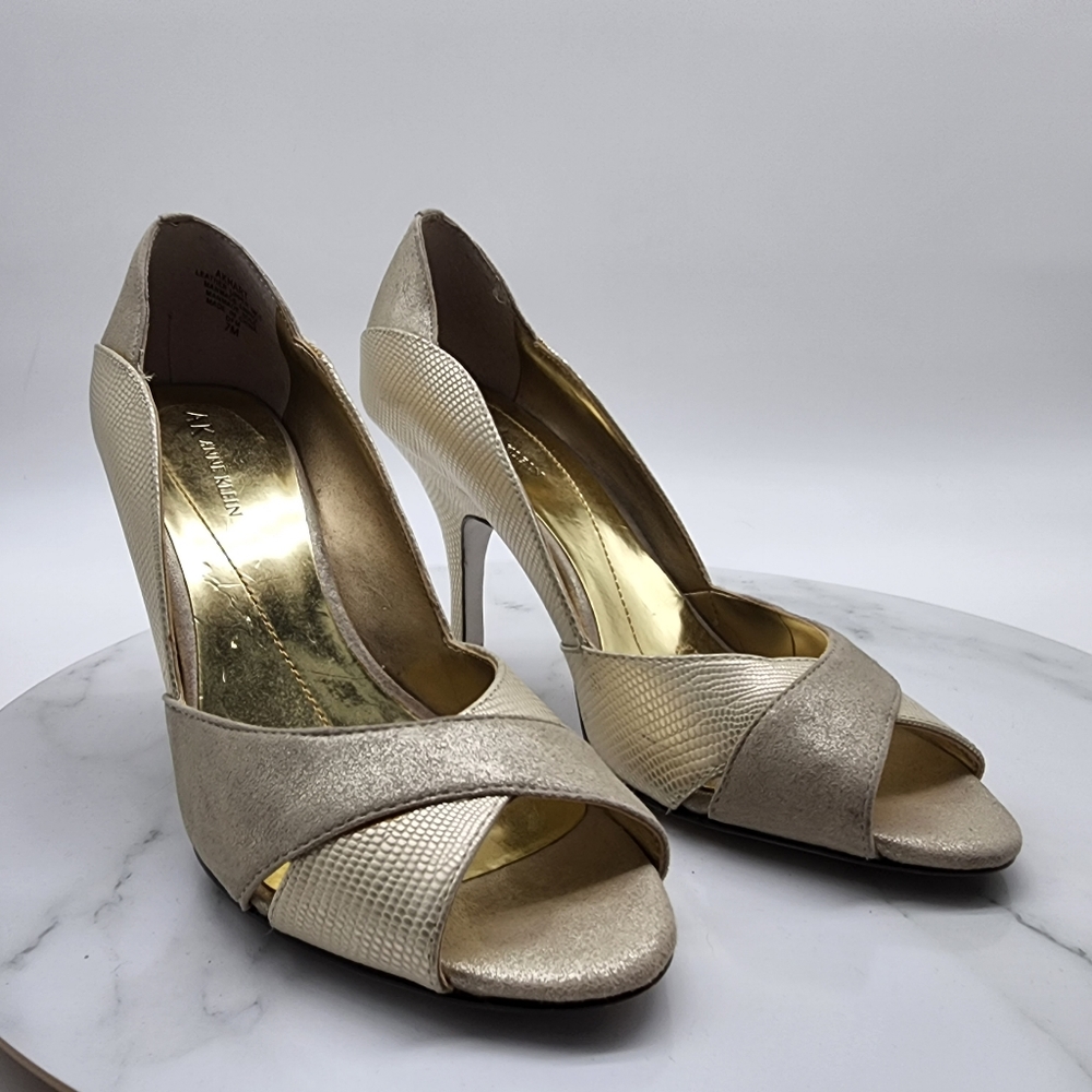 Aus 7 Anne Klein Gold Metallic Leather Open Toe Heels - Picture 6 of 16